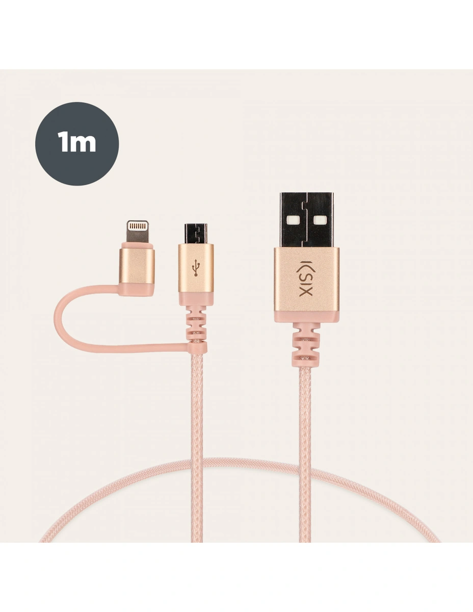 imagen de Cable de carga y datos USB-A a Lightning + Micro-USB Ksix, Made For iPhone, Metalizado, 1 m, Dorado